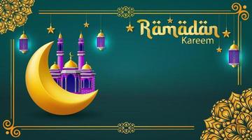 Crescent moon and mosque for Ramadan Kareem and Eid. with golden ornament, islamic celebration background. vector illustration