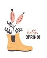 Rubber boot with hand drawn spring flowers. Vector illustration. Cute vector illustration for spring design. Flat vintage style.