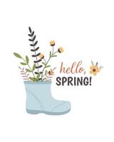 Rubber boot with hand drawn spring flowers. Vector illustration. For spring design. Flat vintage style.