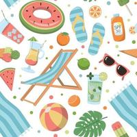 Cartoon summer elements seamless pattern with sling chair, beach towel, drinks, and food. Great for wallpaper, and print. Isolated on white background. vector