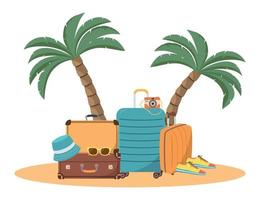 Summer tropical holidays background on the beach with travel accessories. Vector illustration. Beautiful summer on the tropical coast. Palm trees, luggage, and others. Isolated on white background