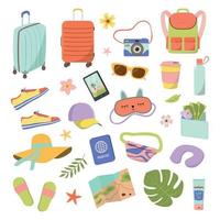 Traveling collection. Camera, suitcases, map, clothes, and accessories for a trip. Isolated on white background. Vector tourist set in flat style