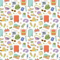 Seamless pattern with touristic items. Suitcases, passport, backpack, tropic leaves and map. Travel and tourism flat vector illustration. Isolated on white background.