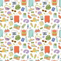 Seamless pattern with touristic items. Suitcases, passport, backpack, tropic leaves and map. Travel and tourism flat vector illustration. Isolated on white background.