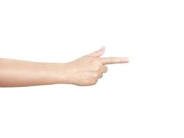 female hand pointing forward isolated on white background photo