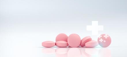 rosado redondo tableta pastillas en blanco antecedentes. farmacia, salud seguro, y hospital bandera. cuidado de la salud y medicamento. prescripción droga. dama salud cuidado. salud seguro para mujer. médico servicio. foto