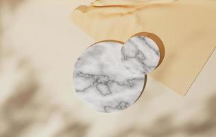 Marble display stand showcases shadows of leaves on creamy yellow background, 3d illustration, 3d rendering photo