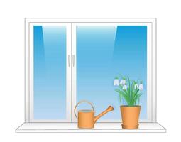 plántulas en primavera en ollas estar en el antepecho, riego poder. joven plantas en el ventana, cielo. moderno plano vector ilustración sin trama efectos