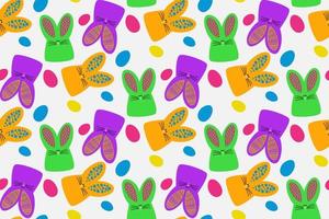 Vector seamless pattern with colorful rabbits and colorful eggs. Easter holiday background with rabbit