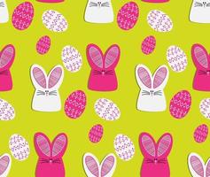 Vector seamless pattern with colorful rabbits and colorful eggs. Easter holiday background with rabbit