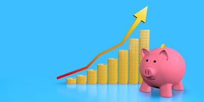 Pink ceramic piggy bank standing next to columns of gold coins forming economic growth graph with up arrow against blue background photo