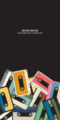 Colorful plastic audio cassette tapes flat design illustration on vertical black background have blank space. Retro concept background template.