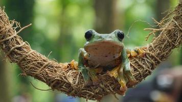 a tropical rain frog perched on a tree root photo
