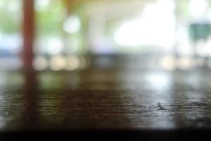 Close up Surface of Old Wooden Table in Cafe with Bokeh Background. photo