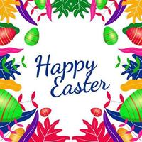 Happy Easter greeting card design with colorful leaves and egg frames vector