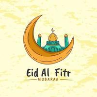 Eid al fitr greeting design, hand drawn style with minimalist mosque and moon decoration vector