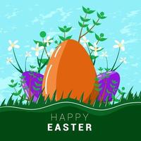 Happy Easter greeting card design,poster design with flowers, leaves, eggs and grass decoration in flat design style vector