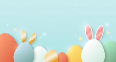 Happy Easter greeting card, poster, banner template. Vector art with cute Easter eggs with rabbit ears and flares in cartoon style. Vector background with place for text.