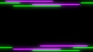 lila und Grün Laser- Wirkung. glühend Neon- Rahmen Hintergrund mit leeren Raum Bereich. repetitiv Bewegung Neon- Linie Animation. hell Neon- Licht bewirken isoliert auf schwarz. 4k Grafik Animation Video