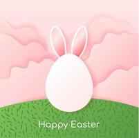 Egg with rabbit ears on green field with pink clouds in cartoon style. Happy Easter greeting card, poster, banner template with text. Vector illustration.