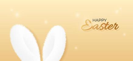 Vector card with fluffy rabbit ears in cartoon style. Happy Easter greeting card, poster, banner template on golden background. Vector art with flares and text.