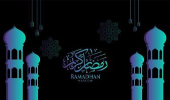 illustration vector graphic of Ramadan Kareem background is accompanied by pictures of mosques and lanterns,  suitable for backgrounds, templates, cards, etc