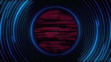 Abstract technology background with rotating blue glowing neon circles and flashing red data lights. This modern motion background is full HD and a seamless loop. video