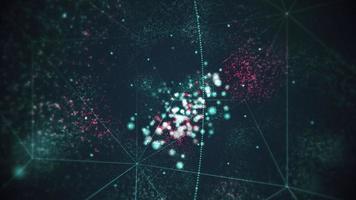 Abstract science motion background animation with geometric lines and fast moving bokeh particles. Teal and pink colors. video