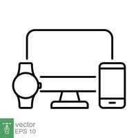 Computer monitor, smartwatch and mobile phone line icon. Simple outline style. Cloud connection between various smart devices concept. Vector isolated on white background. EPS 10.