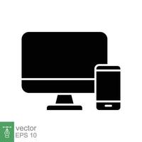 Computer and mobile phone icon. Simple solid style. Desktop, monitor, smartphone, responsive device concept. Black silhouette symbol. Vector illustration isolated on white background. EPS 10.