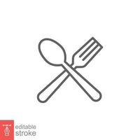 Spoon and fork icon. Simple outline style. Silverware, kitchen, cutlery, table, restaurant concept. Thin line symbol. Vector illustration isolated on white background. Editable stroke EPS 10.