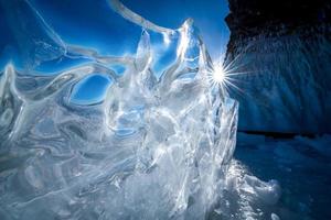 Landscape of natural breaking ice in frozen water on Lake Baikal, Siberia, Russia.