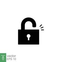 Unlocked lock icon. Simple solid style. Padlock with keyhole, open key, security concept. Black silhouette, glyph vector illustration design on white background. EPS 10.