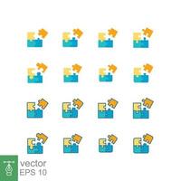 Puzzle icon set. Simple flat and filled outline style collection. Jigsaw symbol, pictogram, business, teamwork logo concept design. Vector illustration on white background. EPS 10.