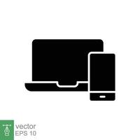 Laptop and mobile phone icon. Simple solid style. Desktop, device, screen, display, smartphone, responsive concept. Black silhouette symbol. Vector illustration isolated on white background. EPS 10.