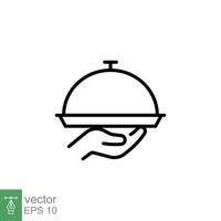 Tray icon. Simple outline style. Hand with a tray, waiter, Butler, platter, restaurant concept. Thin line symbol. Vector illustration isolated on white background. EPS 10.