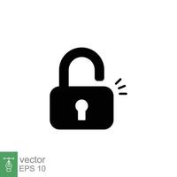 Unlocked lock icon. Simple solid style. Padlock with keyhole, open key, security concept. Black silhouette, glyph vector illustration design on white background. EPS 10.