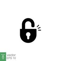 Unlocked lock icon. Simple solid style. Padlock with keyhole, open key, security concept. Black silhouette, glyph vector illustration design on white background. EPS 10.