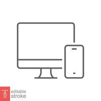 computadora y móvil teléfono línea icono. sencillo contorno estilo. escritorio, dispositivo, monitor, mostrar, teléfono inteligente, sensible concepto. vector ilustración aislado en blanco antecedentes. editable carrera eps 10