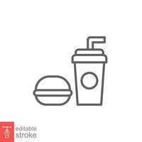 Hamburger and soft drink cup icon. Simple outline style. Fast food, burger, restaurant concept. Thin line symbol. Vector illustration isolated on white background. Editable stroke EPS 10.