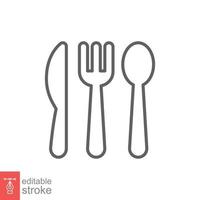 Cutlery line icon. Simple outline style. Flatware, spoon, fork, steak knife, plate, restaurant concept. Vector illustration isolated on white background. Editable stroke EPS 10.