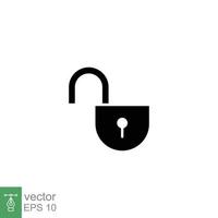 Unlocked lock icon. Simple solid style. Padlock with keyhole, open key, security concept. Black silhouette, glyph vector illustration design on white background. EPS 10.