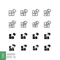 Puzzle icon set. Simple outline and solid style collection. Jigsaw symbol, pictogram, business, teamwork logo concept design. Vector illustration on white background. EPS 10.