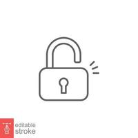 Unlocked lock icon. Simple outline style. Padlock with keyhole, open key, security concept. Thin line vector illustration design on white background. Editable stroke EPS 10.