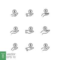 Set of salary, sell, money, business, buy, hand line icons. Simple outline style. Save, cash, coin, currency, dollar, finance concept. Vector illustration isolated on white background. EPS 10.