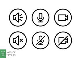 Speaker, Mic and Video Camera line icon set. Simple outline style for Video Conference, Webinar and Video chat. Microphone, audio, sound, mute, off concept. Vector illustration isolated. EPS 10.