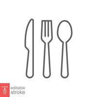 Cutlery line icon. Simple outline style. Flatware, spoon, fork, steak knife, plate, restaurant concept. Vector illustration isolated on white background. Editable stroke EPS 10.