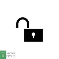 Unlocked lock icon. Simple solid style. Padlock with keyhole, open key, security concept. Black silhouette, glyph vector illustration design on white background. EPS 10.