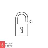 Unlocked lock icon. Simple outline style. Padlock with keyhole, open key, security concept. Thin line vector illustration design on white background. Editable stroke EPS 10.