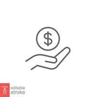 Salary, sell, money, business, buy, hand line icon. Simple outline style. Save, cash, coin, currency, dollar, finance concept. Vector illustration isolated on white background. Editable stroke EPS 10.